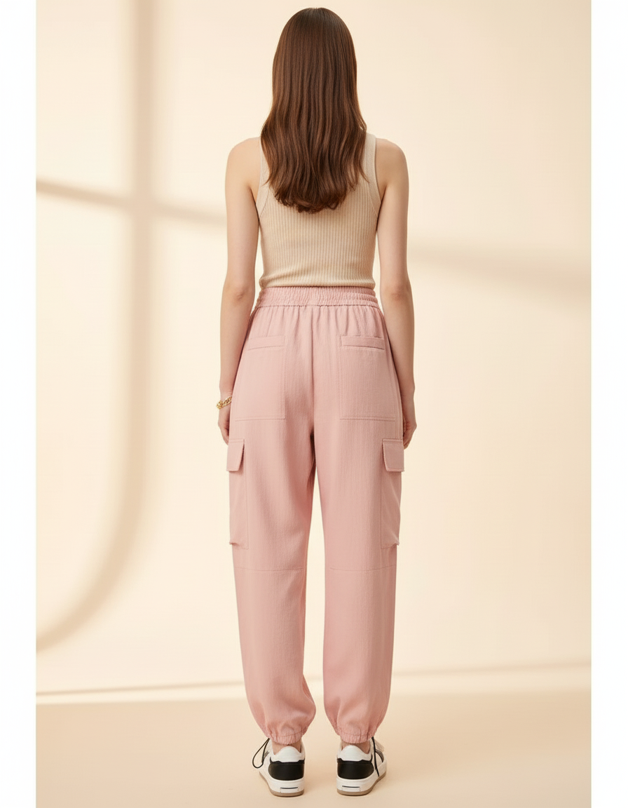 Pantalon Baggy Rose Cargo Ample Cordon Décontracté - Toile - vue 2