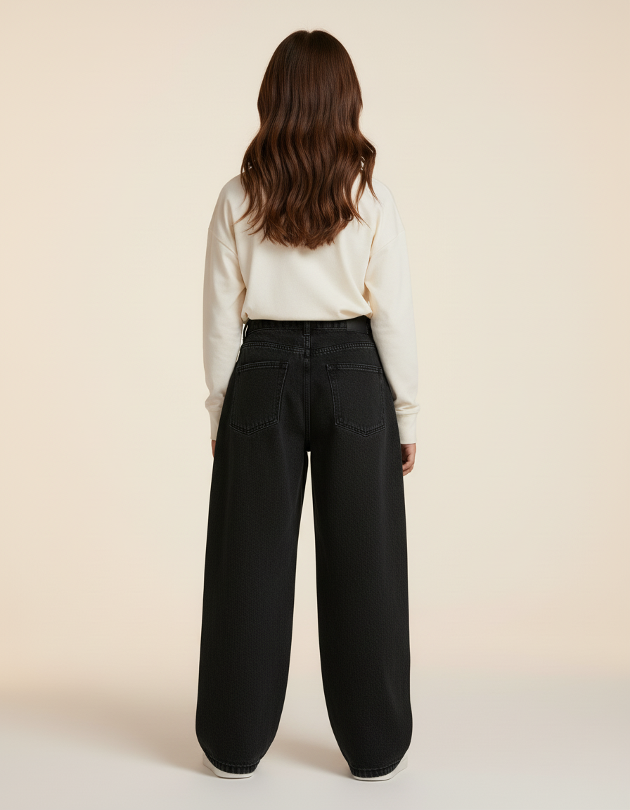 Pantalon Baggy Noir Ample Taille Haute Denim Fille - Jean - vue 2