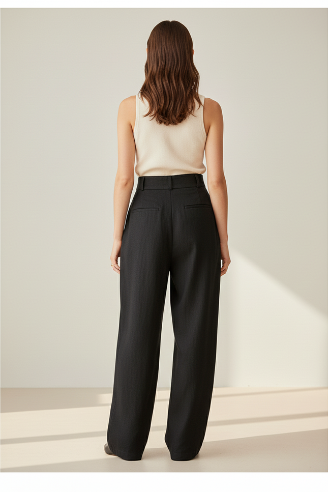 Pantalon Baggy Noir Lin Plissé Ample Femme Élégant - vue 2