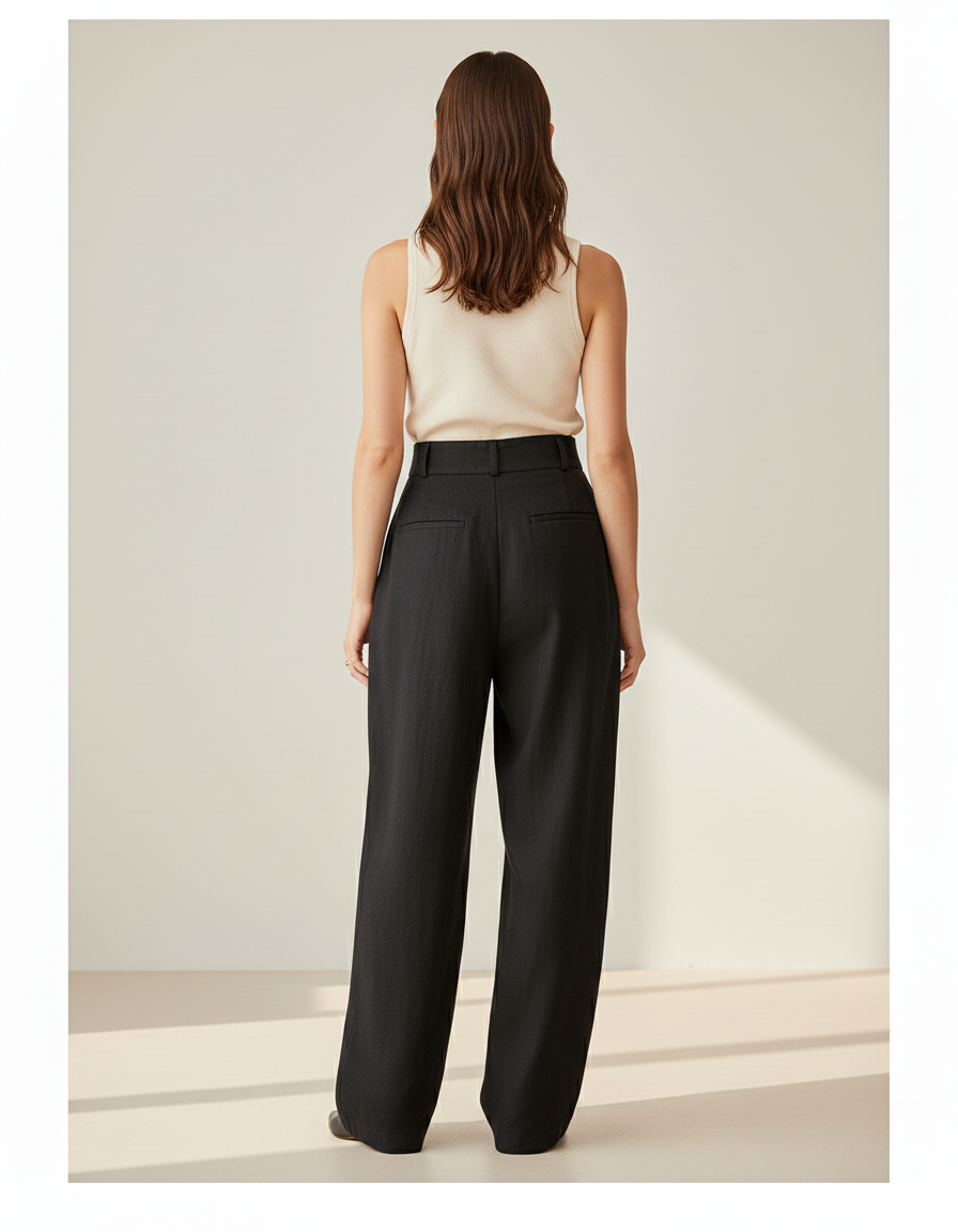 Pantalon Baggy Noir Lin Plissé Ample Femme Élégant - vue 2