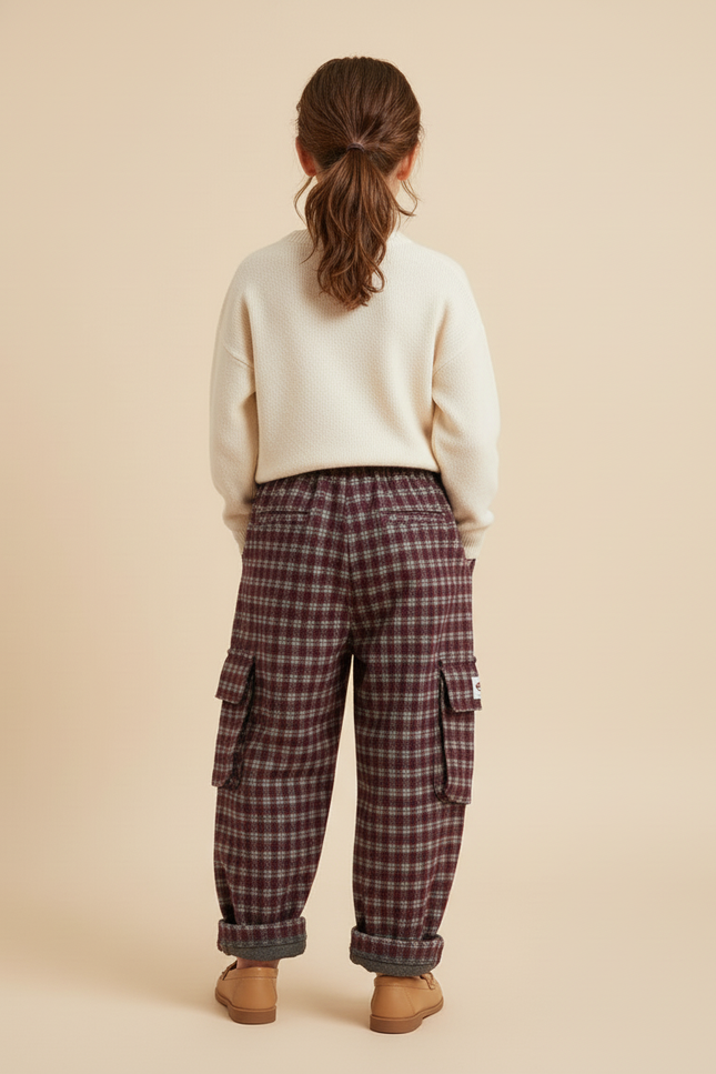 Pantalon Baggy Carreaux Rouge Ample Laine Enfant - Bordeaux - vue 2