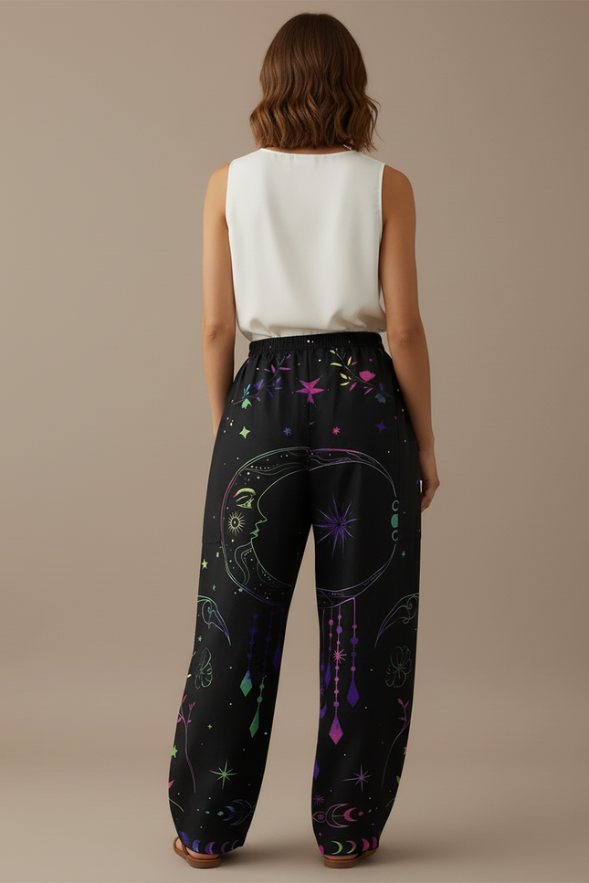 Pantalon Baggy Noir Ample Imprimé Lune Étoiles Fluide - Viscose - vue 2