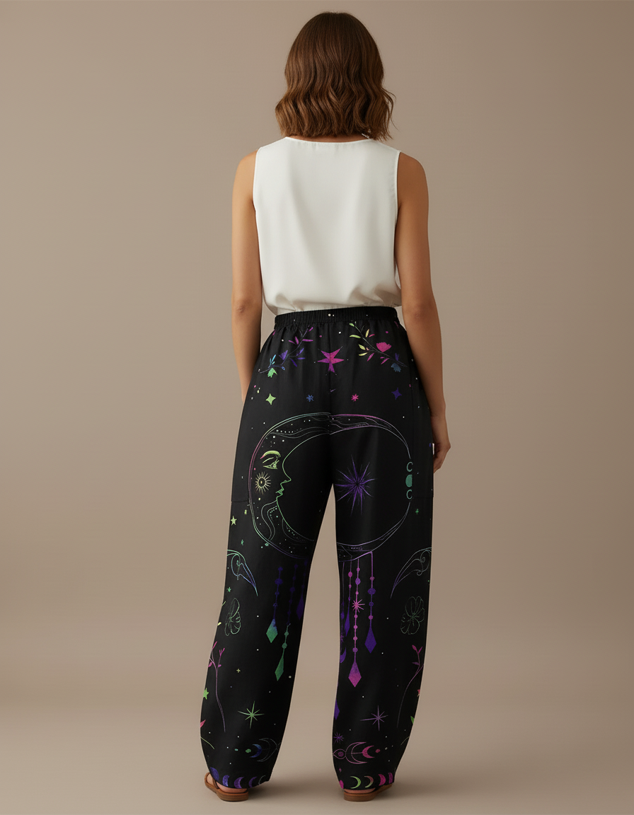 Pantalon Baggy Noir Ample Imprimé Lune Étoiles Fluide - Viscose - vue 2
