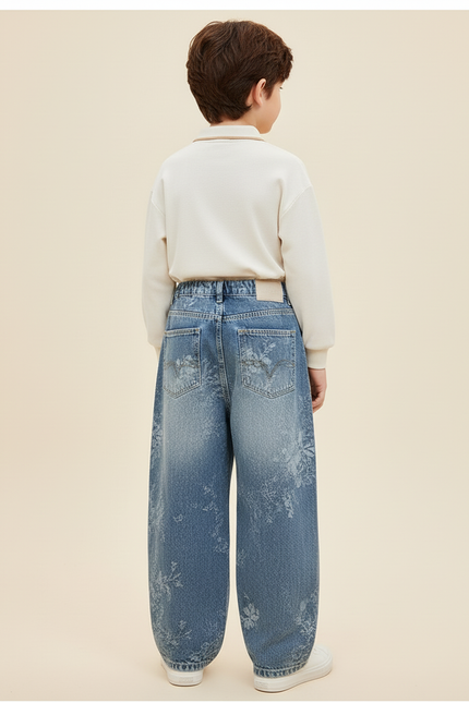 Pantalon Baggy Jean Bleu Ample Imprimé Floral Garçon - vue 2