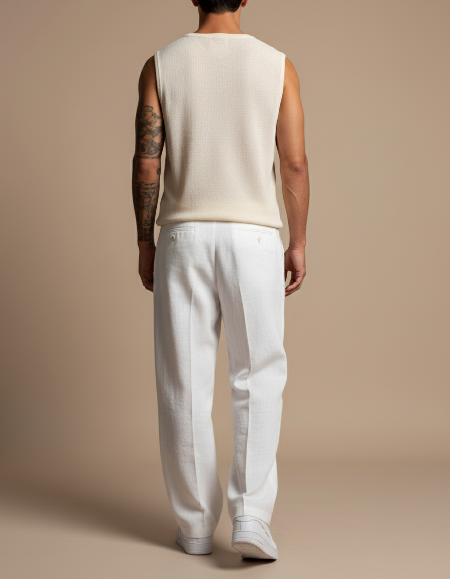 Pantalon Baggy Blanc Lin Plissé Ample Homme - vue 2