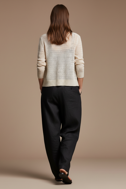 Pantalon Baggy Noir Lin Ample Élégant Plissé - vue 2