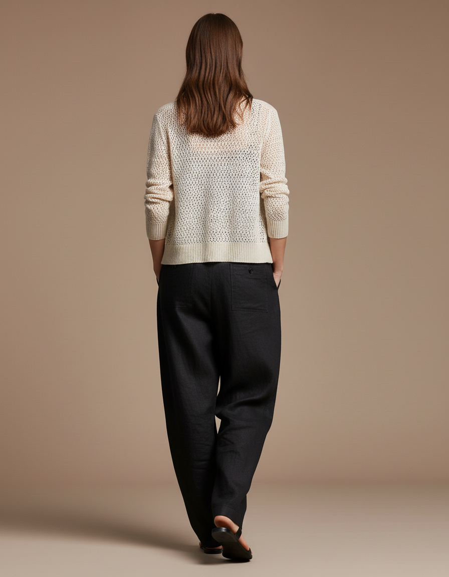 Pantalon Baggy Noir Lin Ample Élégant Plissé - vue 2
