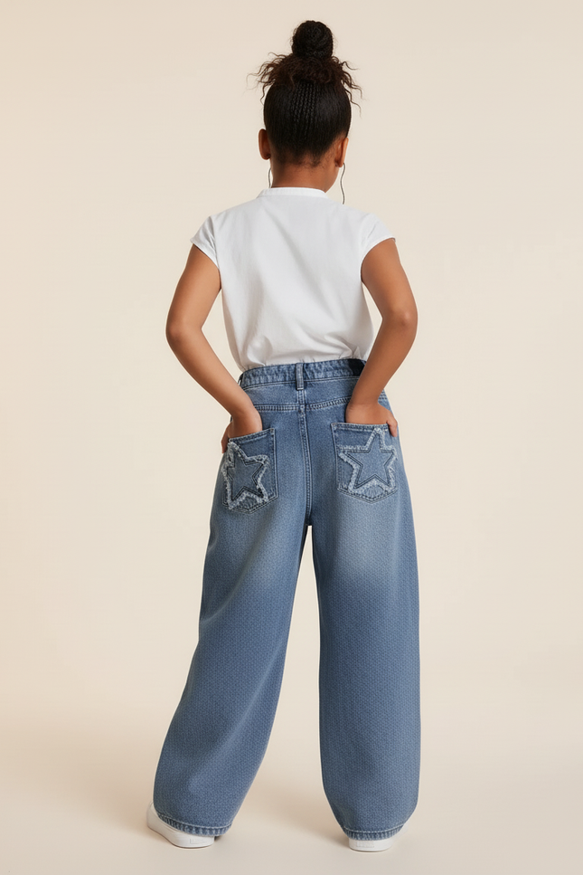 Pantalon Baggy Bleu Jean Étoiles Ample Décontracté Enfant - vue 2