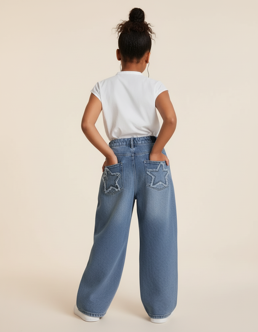 Pantalon Baggy Bleu Jean Étoiles Ample Décontracté Enfant - vue 2
