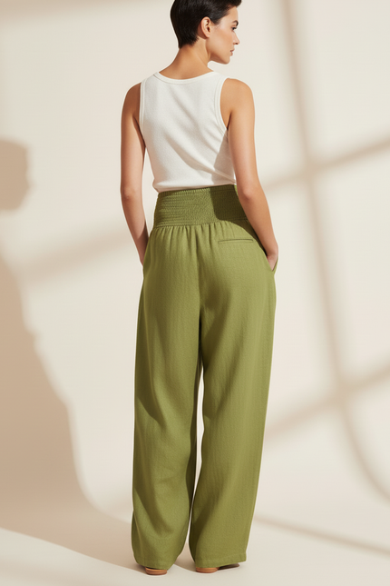 Pantalon Baggy Vert Lin Ample Smocké Décontracté - vue 2