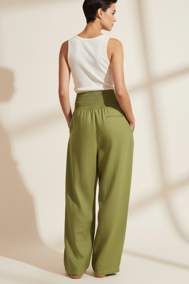 Pantalon Baggy Vert Lin Ample Smocké Décontracté - vue 2