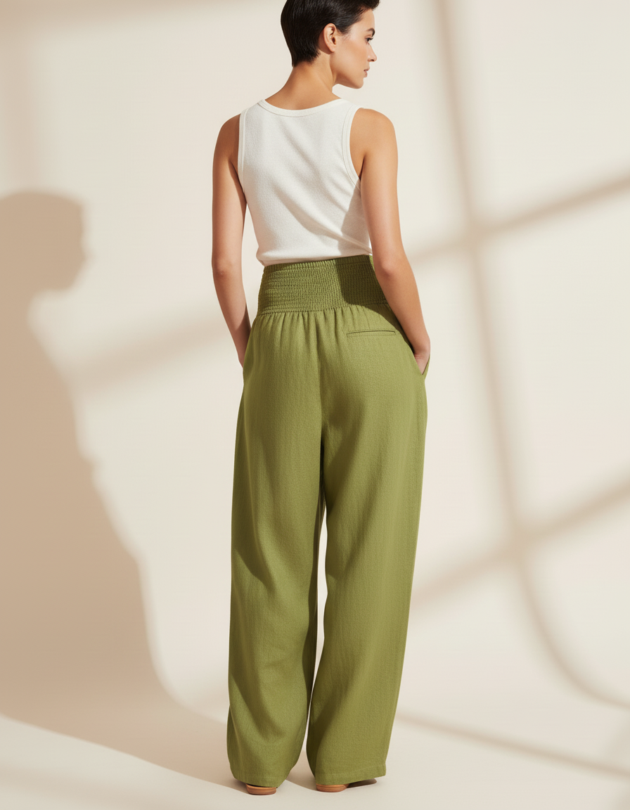 Pantalon Baggy Vert Lin Ample Smocké Décontracté - vue 2