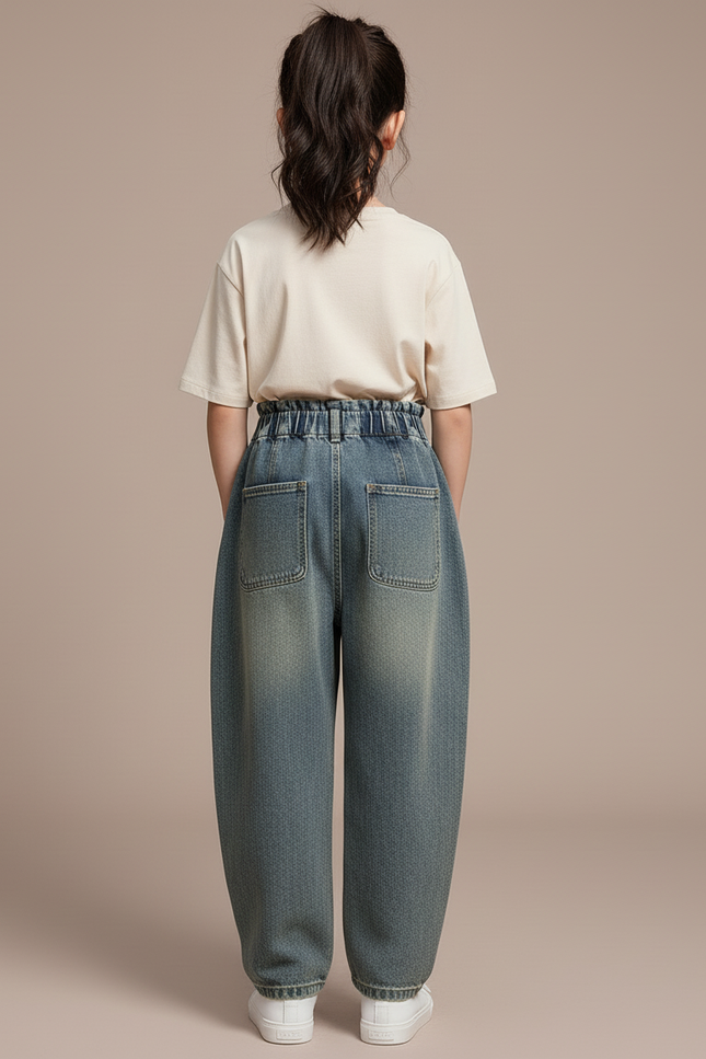 Pantalon Baggy Jean Ample Taille Haute Fille - Bleu - vue 2