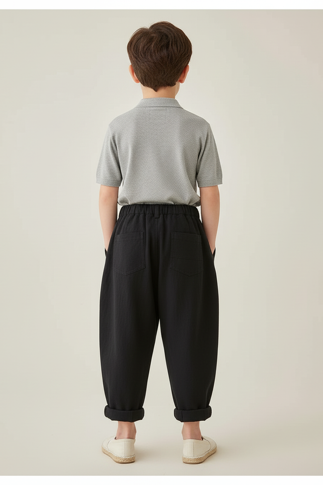 Pantalon Baggy Noir Ample Lin Garçon Décontracté - vue 2