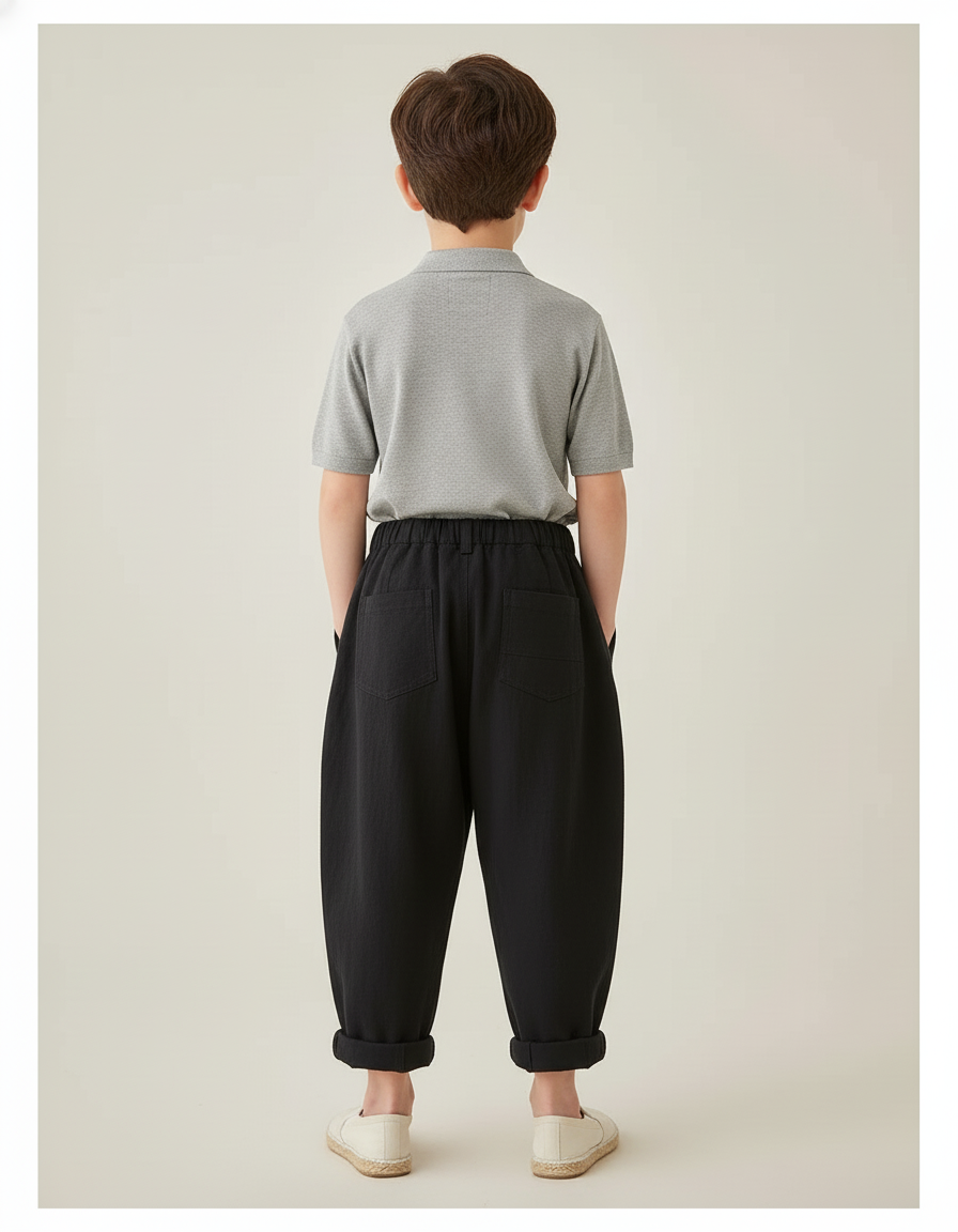 Pantalon Baggy Noir Ample Lin Garçon Décontracté - vue 2