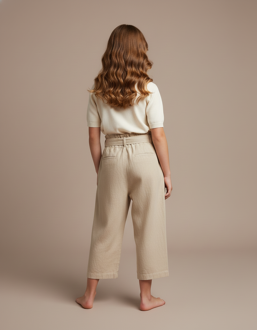 Pantalon Baggy Beige Coton Ample Ceinture Fille - vue 2