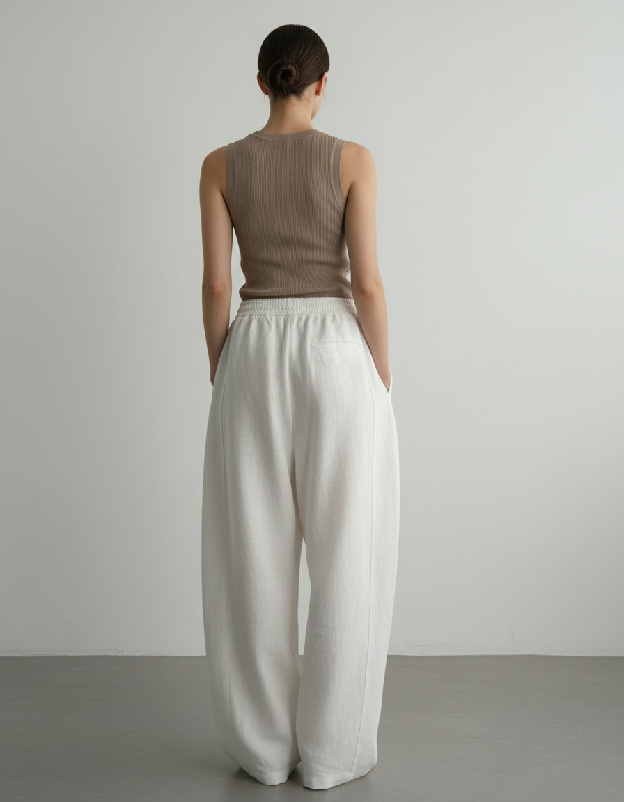 Pantalon Baggy Blanc Ample Lin Décontracté Femme - vue 2