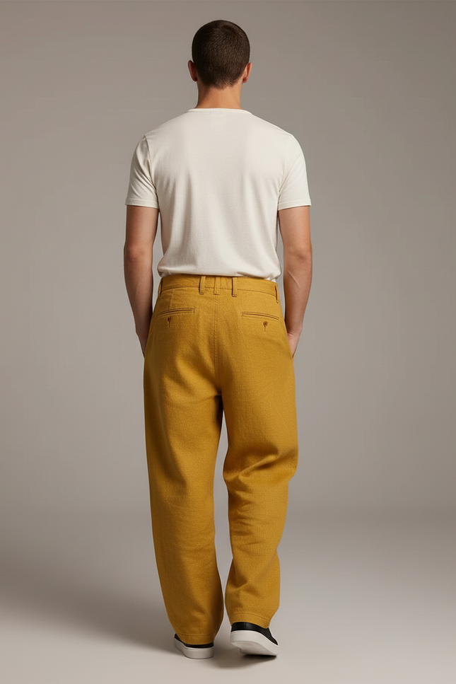 Pantalon Baggy Jaune Moutarde Ample Lin Homme Décontracté - vue 2