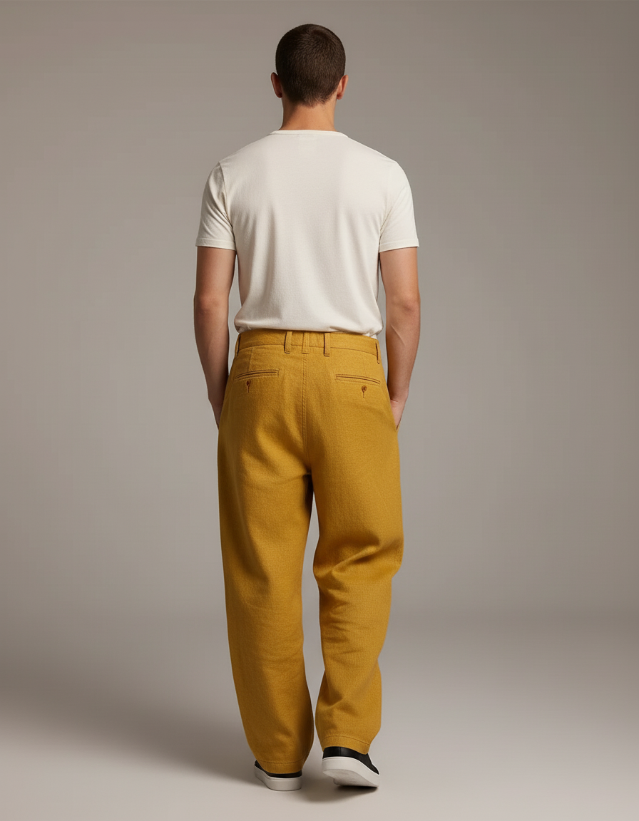 Pantalon Baggy Jaune Moutarde Ample Lin Homme Décontracté - vue 2