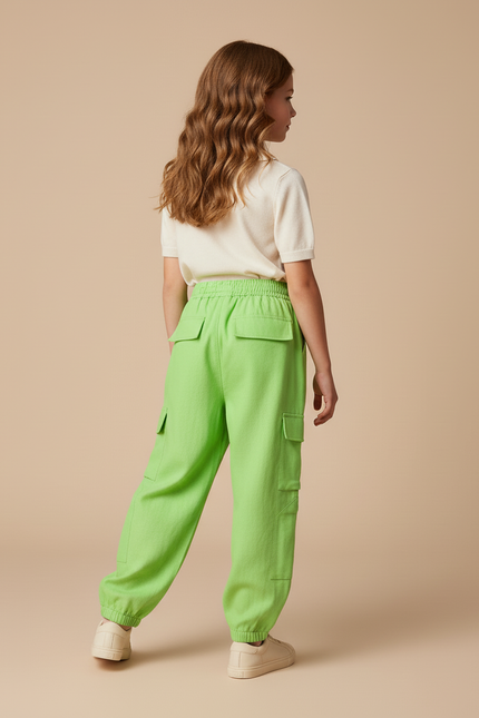 Pantalon Baggy Vert Citron Cargo Taille Élastiquée - Lin - vue 2