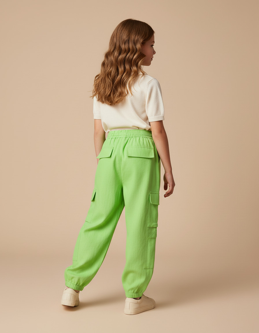 Pantalon Baggy Vert Citron Cargo Taille Élastiquée - Lin - vue 2
