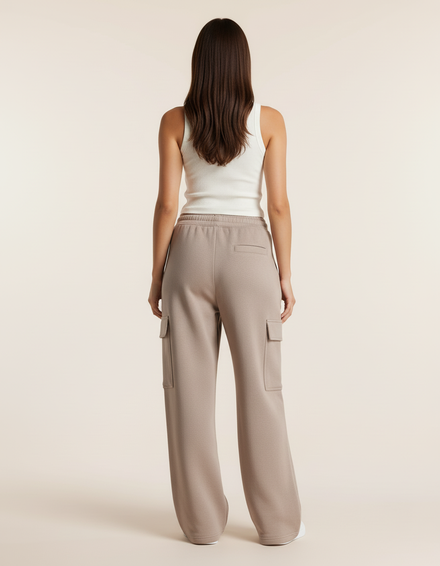 Pantalon Baggy Cargo Ample Molleton Beige Décontracté - vue 2