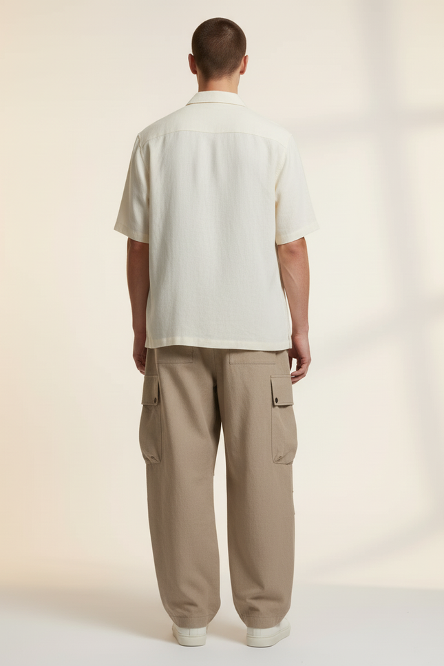 Pantalon Baggy Cargo Ample Plissé Beige Homme - Lin - vue 2