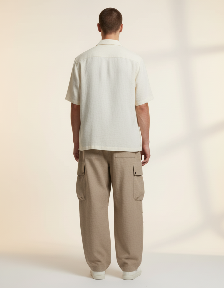 Pantalon Baggy Cargo Ample Plissé Beige Homme - Lin - vue 2