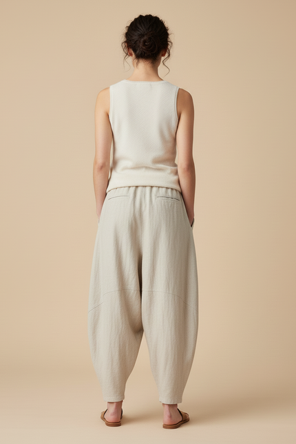 Pantalon Baggy Lin Beige Ample Fluide Décontracté Femme - vue 2