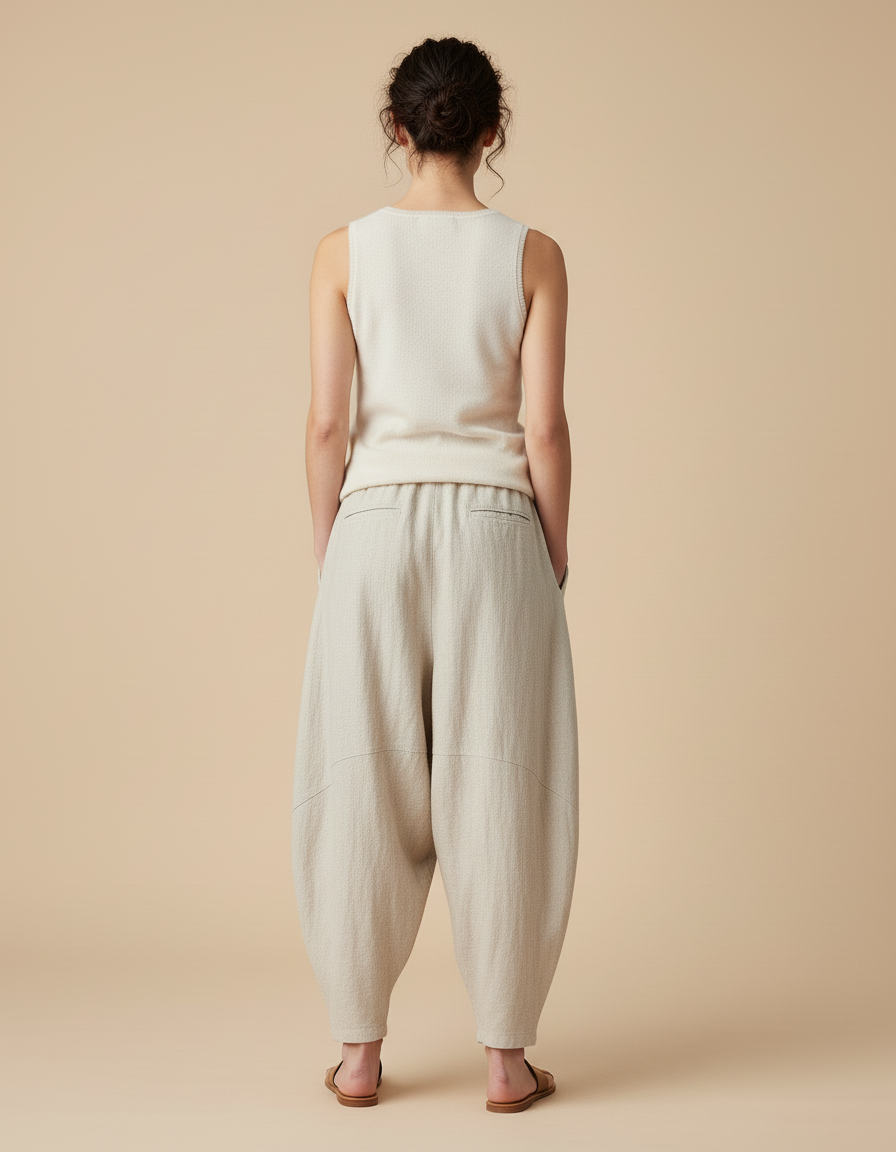 Pantalon Baggy Lin Beige Ample Fluide Décontracté Femme - vue 2