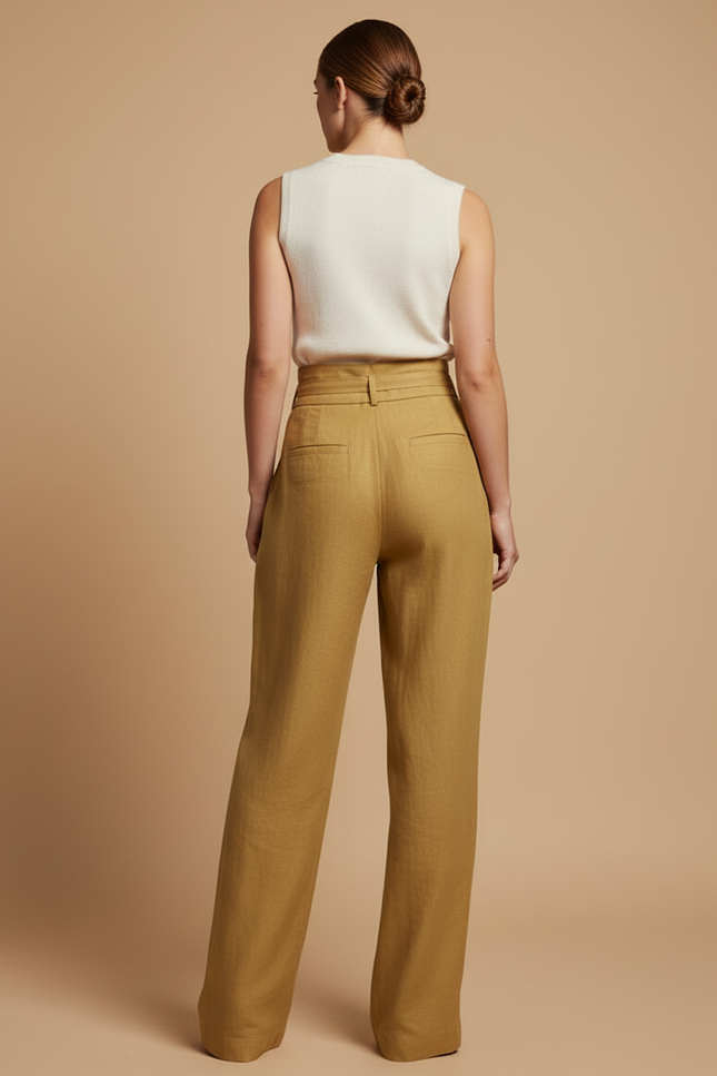 Pantalon Baggy Kaki Lin Fluide Taille Haute Élégant - vue 2