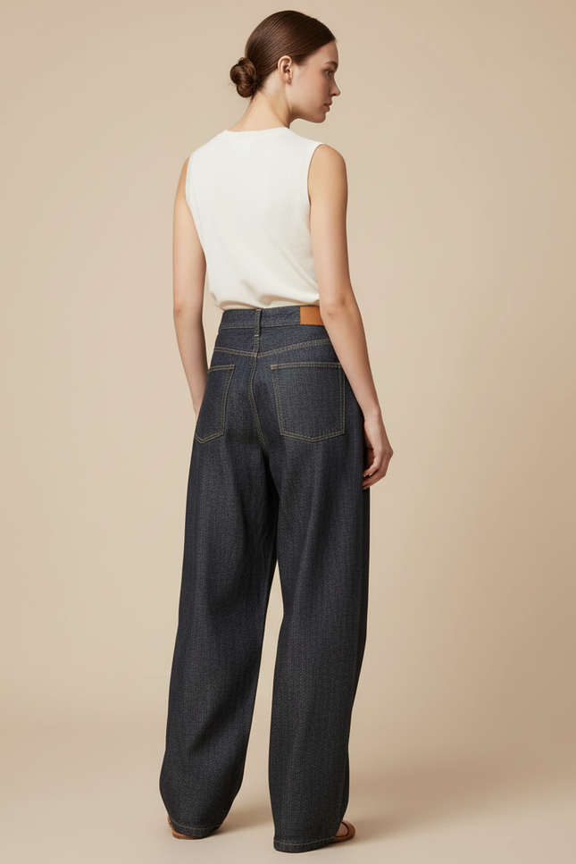 Pantalon Baggy Denim Bleu Marine Ample Plissé Femme - Jean - vue 2