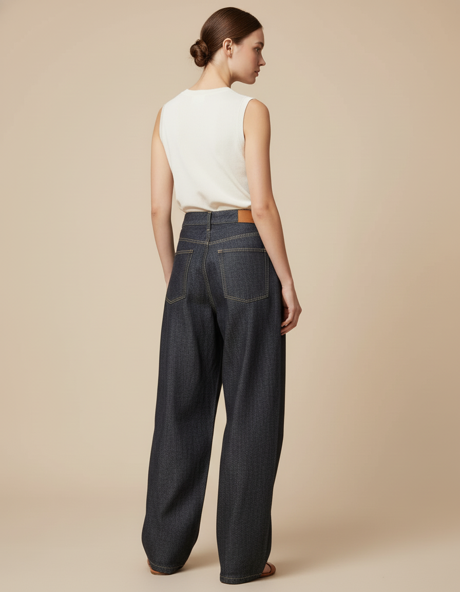 Pantalon Baggy Denim Bleu Marine Ample Plissé Femme - Jean - vue 2