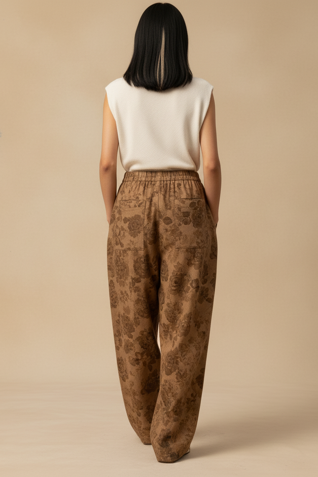 Pantalon Baggy Marron Imprimé Floral Ample Décontracté Femme - Lin - vue 2