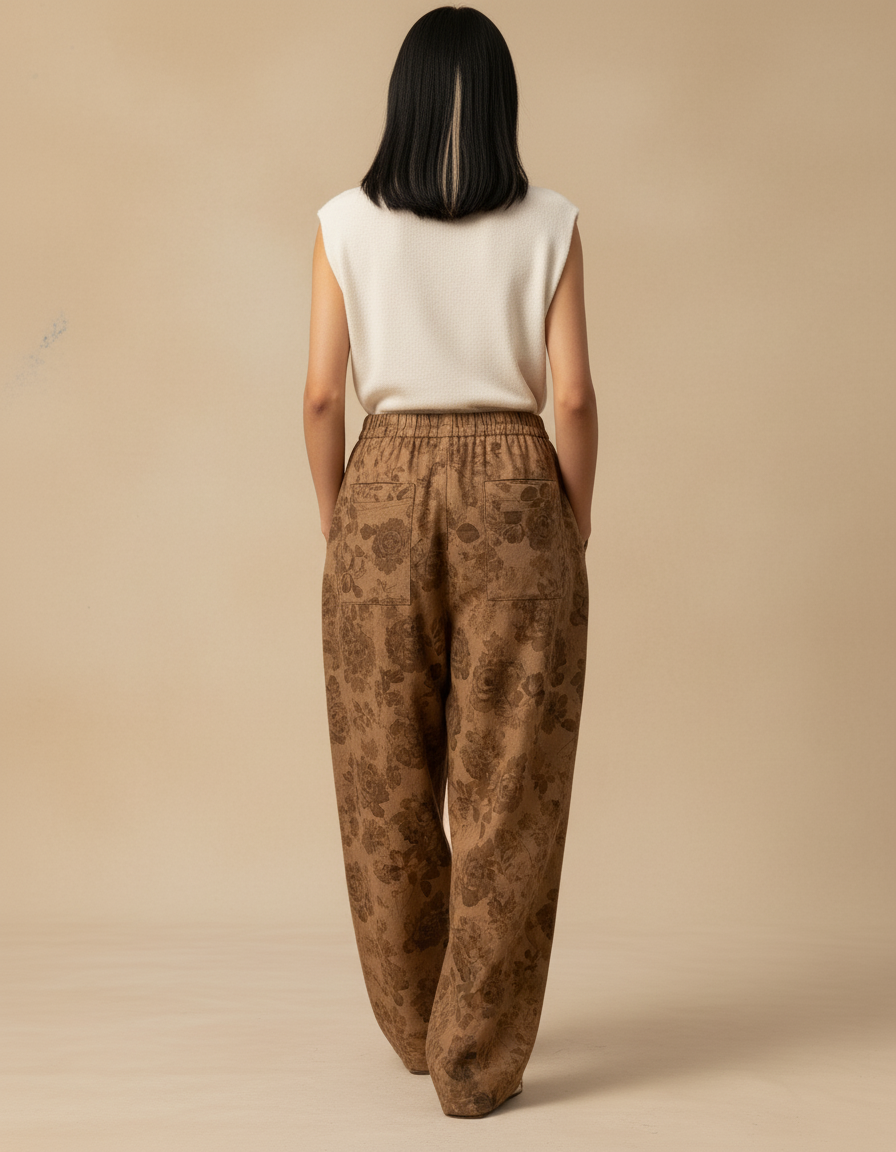 Pantalon Baggy Marron Imprimé Floral Ample Décontracté Femme - Lin - vue 2