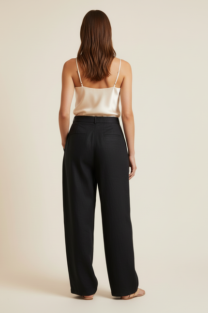 Pantalon Baggy Noir Brodé Ample Lin Femme - vue 2