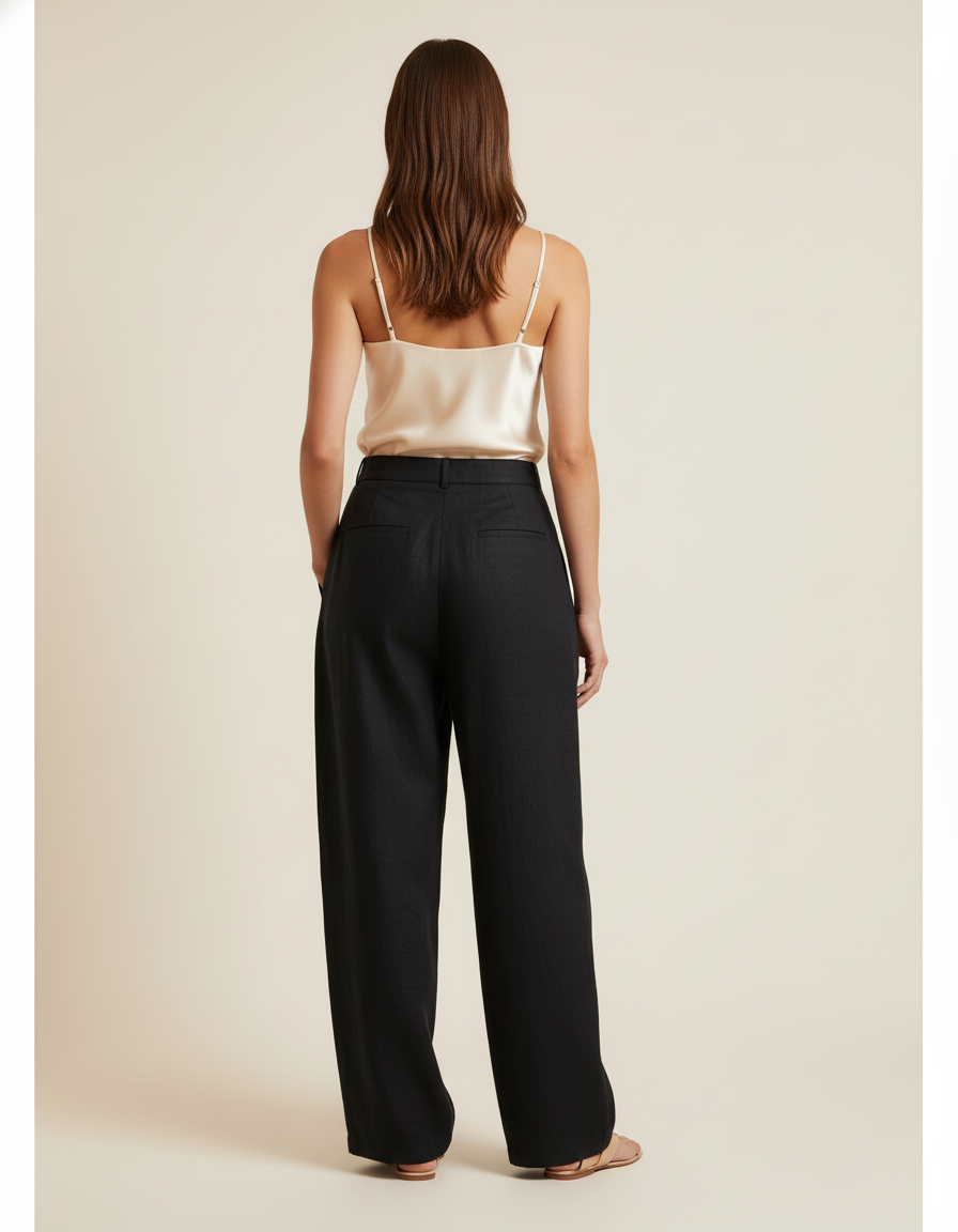 Pantalon Baggy Noir Brodé Ample Lin Femme - vue 2