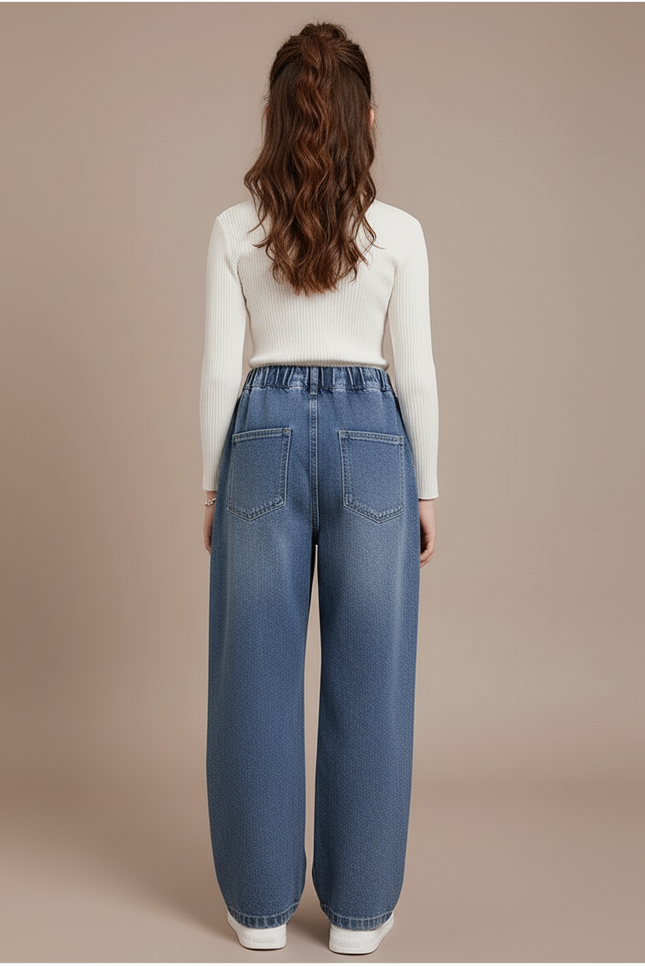 Pantalon Baggy Bleu Jean Ample Élastique Imprimé Fille - vue 2