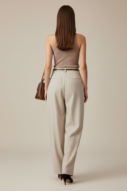 Pantalon Baggy Beige Laine Plissé Ample Femme - vue 2