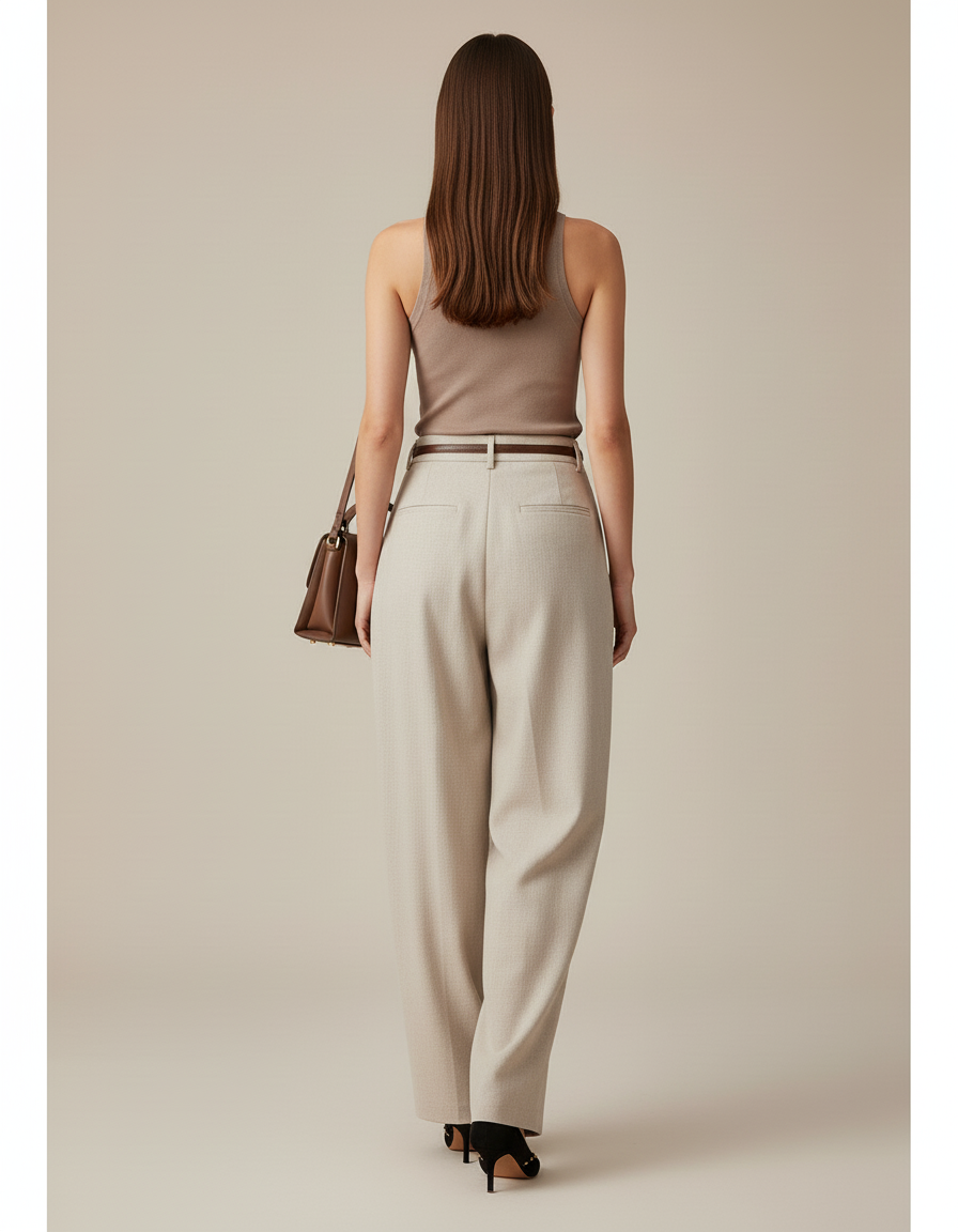 Pantalon Baggy Beige Laine Plissé Ample Femme - vue 2