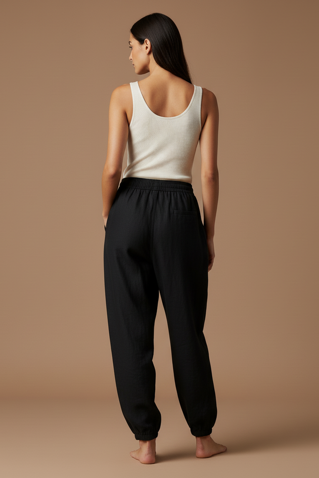 Pantalon Baggy Noir Lin Ample Cordon Confortable - vue 2