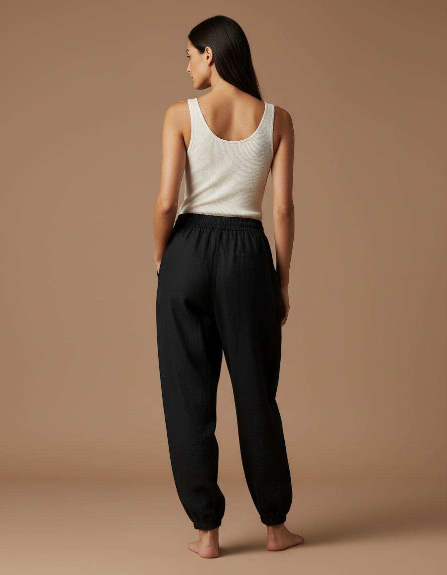 Pantalon Baggy Noir Lin Ample Cordon Confortable - vue 2