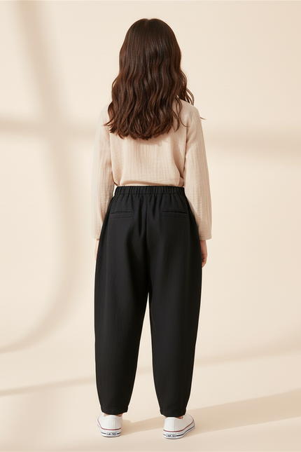 Pantalon Baggy Fille Noir Taille Élastique - Lin - vue 2