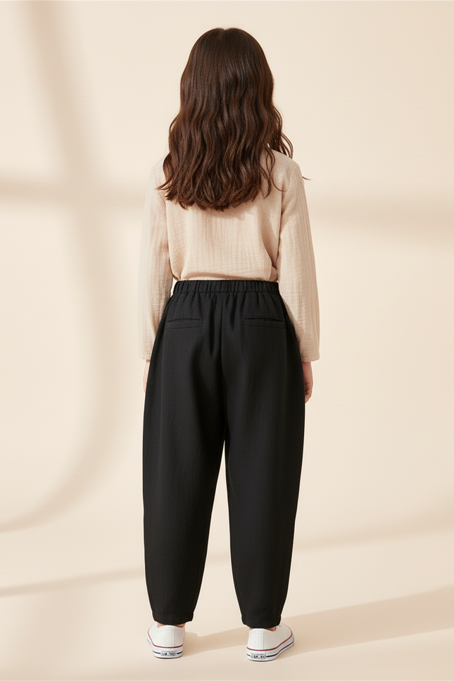 Pantalon Baggy Fille Noir Taille Élastique - Lin - vue 2