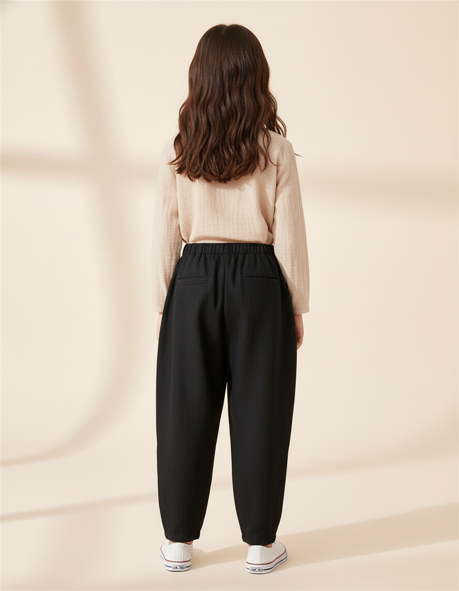 Pantalon Baggy Fille Noir Taille Élastique - Lin - vue 2