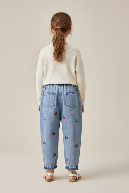 Pantalon Baggy Jean Bleu Brodé Cerises Enfant - vue 2