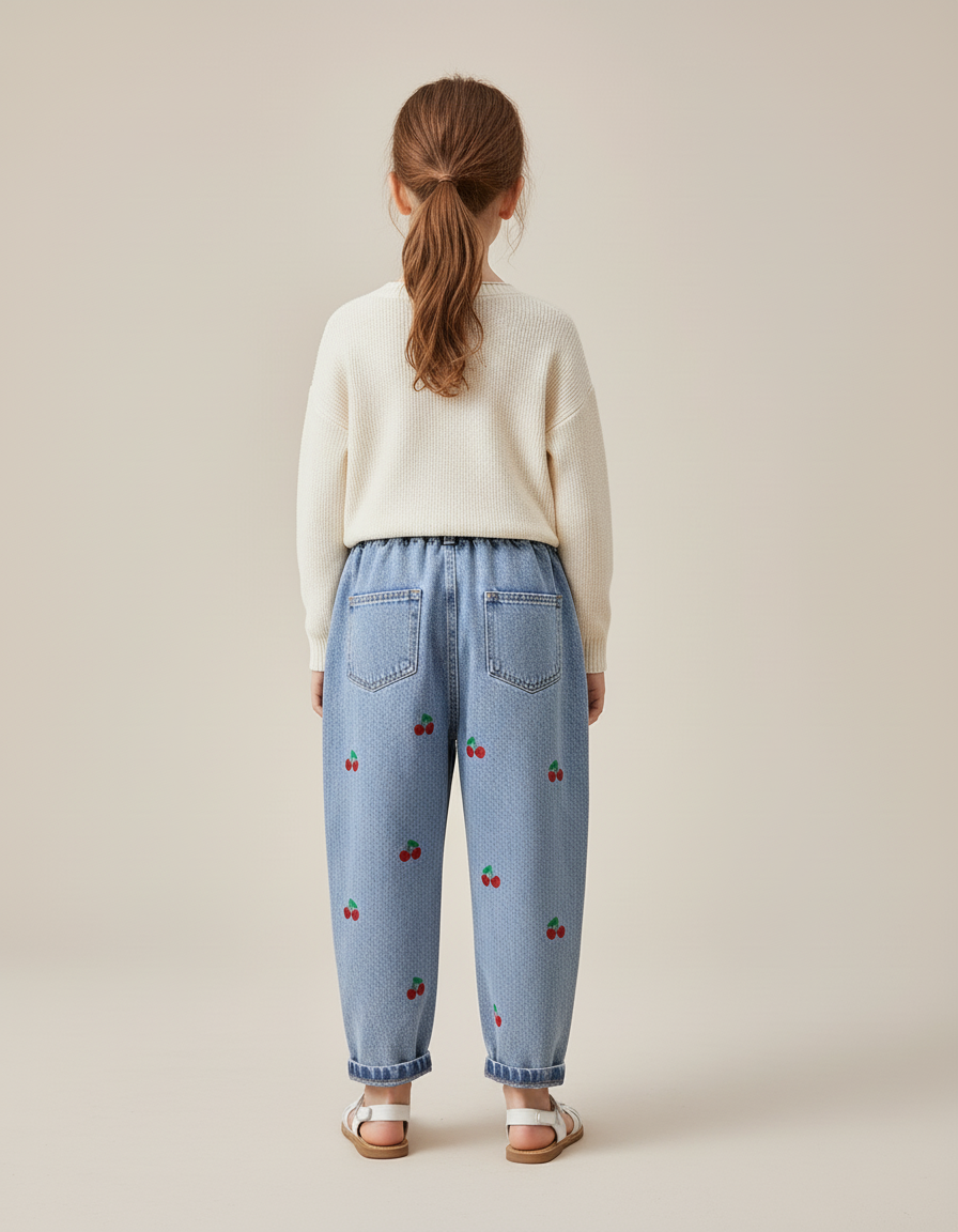 Pantalon Baggy Jean Bleu Brodé Cerises Enfant - vue 2