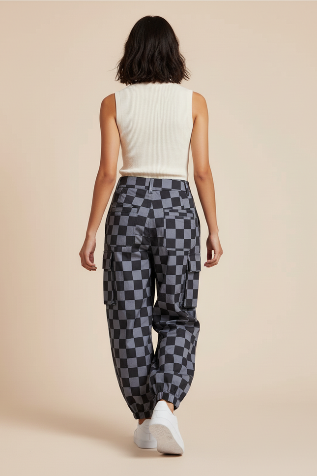 Pantalon Baggy Carreaux Noir Gris Cargo Ample - Imprimé Polyester - vue 2