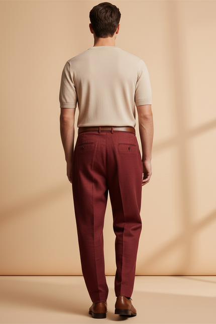 Pantalon Baggy Rouge Brique Ample Plissé Décontracté Homme - Bordeaux Laine - vue 2