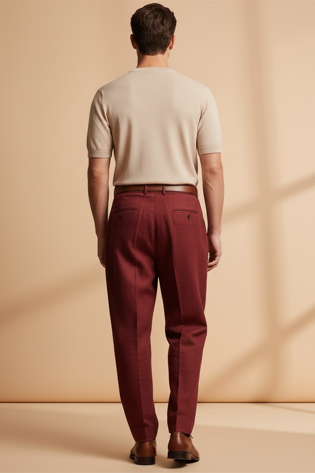 Pantalon Baggy Rouge Brique Ample Plissé Décontracté Homme - Bordeaux Laine - vue 2